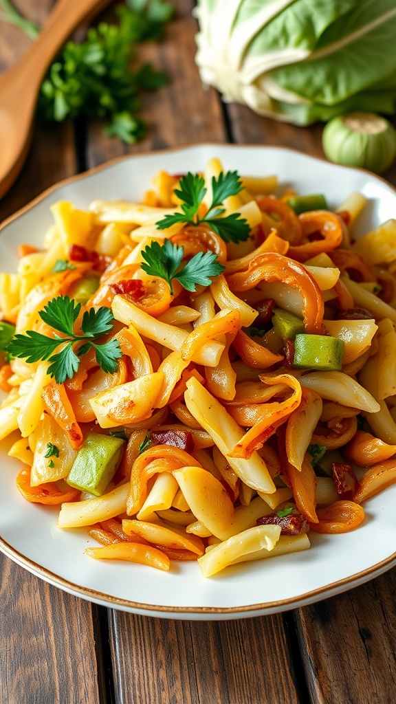 A colorful serving of sautéed cabbage and onions garnished with parsley on a rustic table.